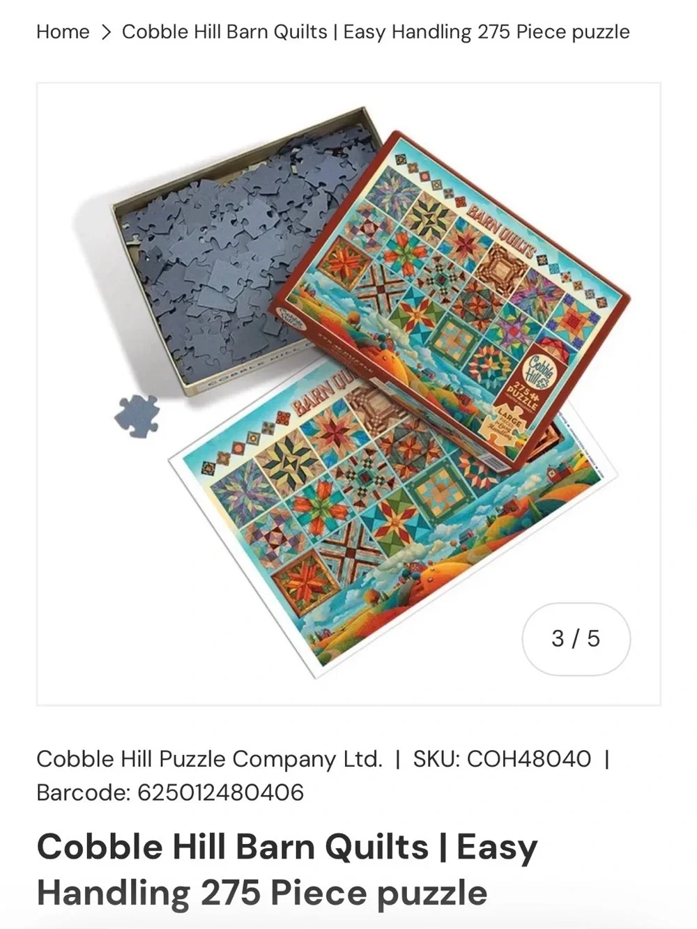 Cobble Hill 275 Piece Jigsaw Puzzle Barn Quilts